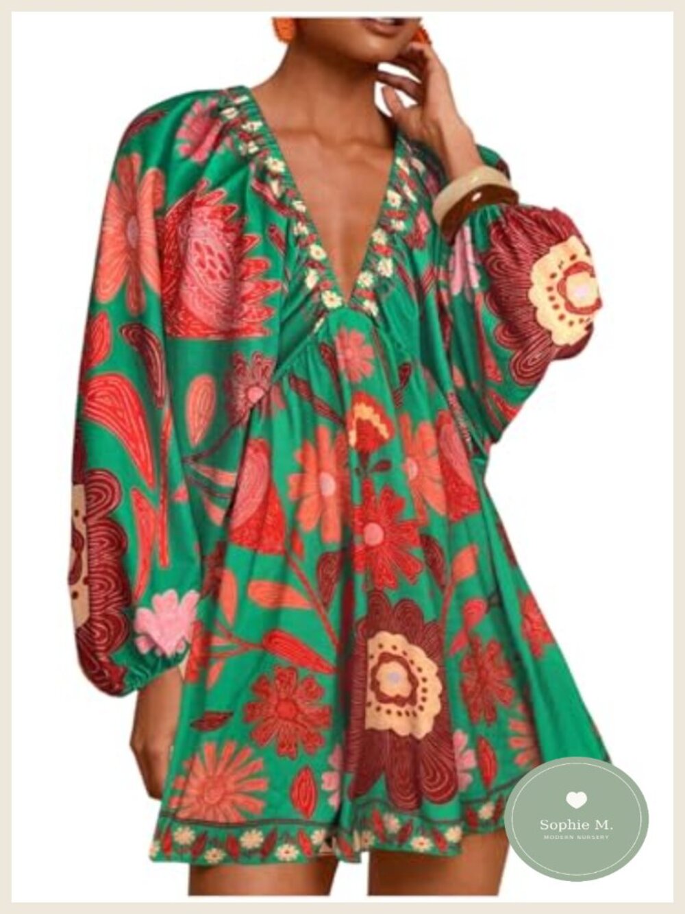 Women's Boho Floral V Neck Bishop Sleeve Mini Dress Tropical Casual